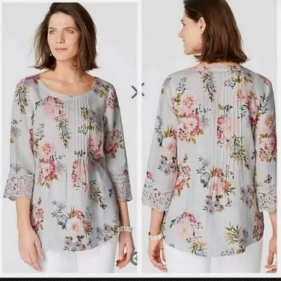J. Jill Love Linen Floral Crochet Trim Plus Size Pintucked Top 4X Garden Party - Picture 1 of 12